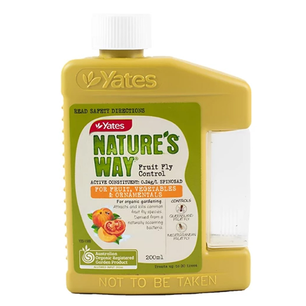 Yates Nature’s Way Fruit Fly Control attracts and kills common fruit fly species. For fruit, vegetables & ornamentals.A protein and sugar based bait, Nature's Way Fruit Fly Control works by attracting fruit fly from several metres away and killing them when they ingest the treatment. Spinosad, derived from naturally occurring bacteria, effectively controls common fruit fly. Controlling fruit fly during early stages of life helps break the lifecycle.